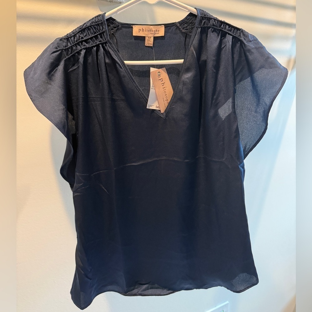 NWT Philosophy Navy sheer ruffled short sleeve top blouse women’s small